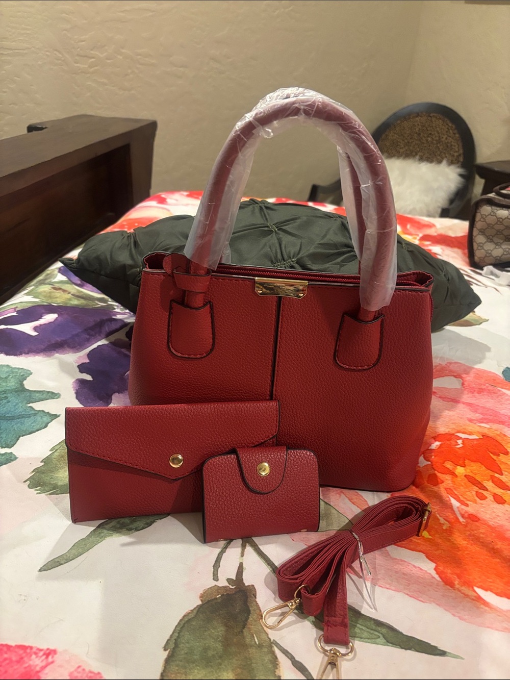 Red Structured 3 pc Satchel Handbag set with Wallet, coin purse & Strap